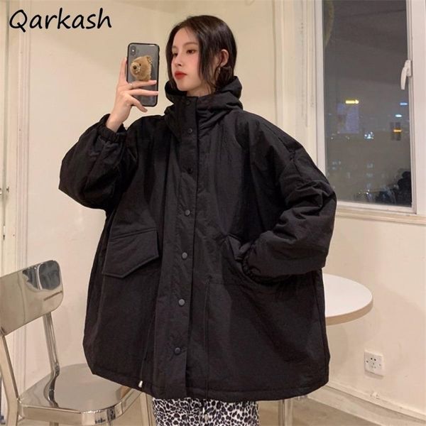 

womens down parkas parkas women pure color trendy female ulzzang loose collection punk simple mujer ropa hooded single breasted 220902, Black