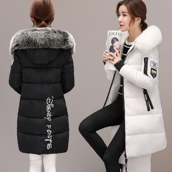 

women's down parkas women winter outwear korean big fur collar down cotton parka women slim mid-long fashion overcoat warm thick wadded, Black