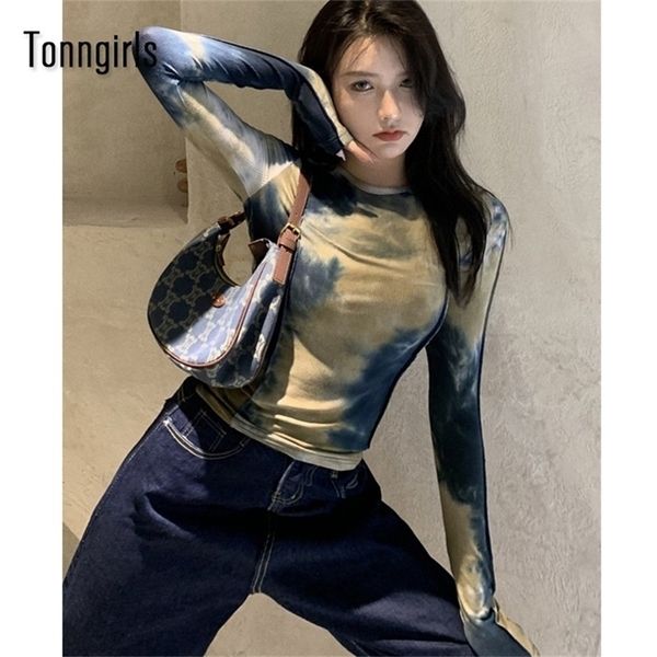 

womens t shirt tonngirls harajuku slim t shirt women tie dye print long sleeve korean style tshirts vintage streetwear skinny tee 220902, White