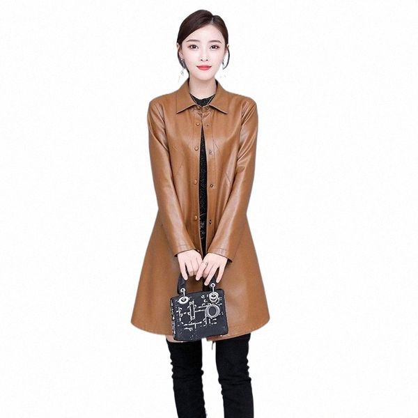 

women's leather & faux leather women's leather & faux women soft pu long jacket arrival ladies sheepskin single breasted coat plus, Black