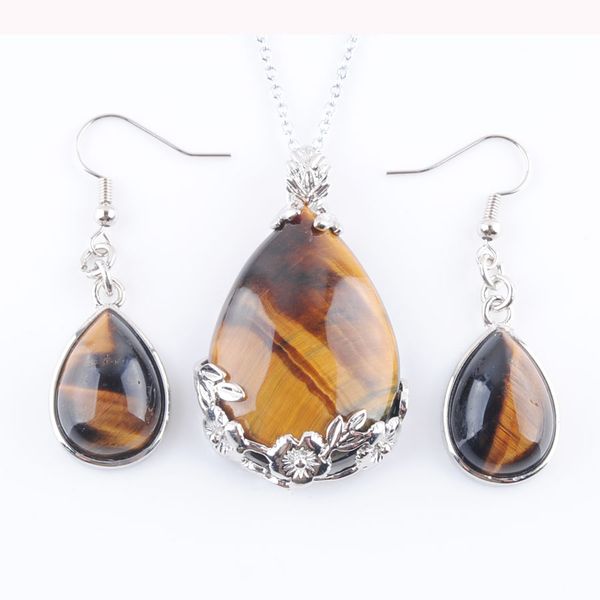 

natural tiger's eye gem stone teardrop reiki chakra beads pendant earrings chain necklace women jewelry set q3068, Silver