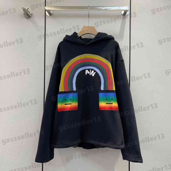 

womens hoodie sweatshirts luxury designer acn 22fw rainbow smiley loose pullover hoodie ring letter print fashion street brand hoodies, Black