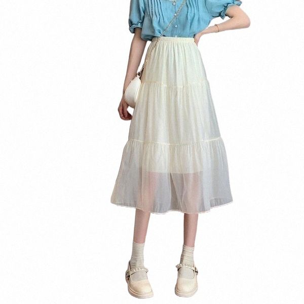 

skirts skirts mid-length skirt summer all-match a-line korean style high stretch mid-waist mesh women 10e1#, Black