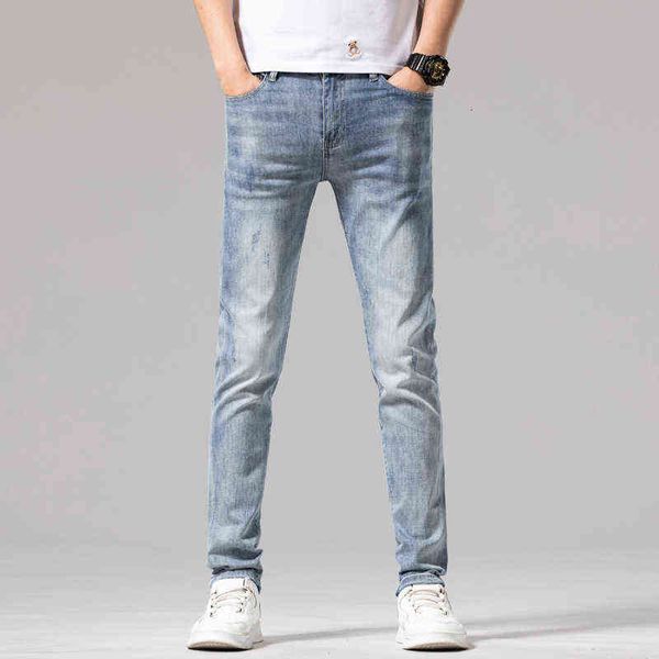

men's jeans summer thin elastic slim fitting small leg straight tube high-end fashion brand leisure long pantspq2x, Blue