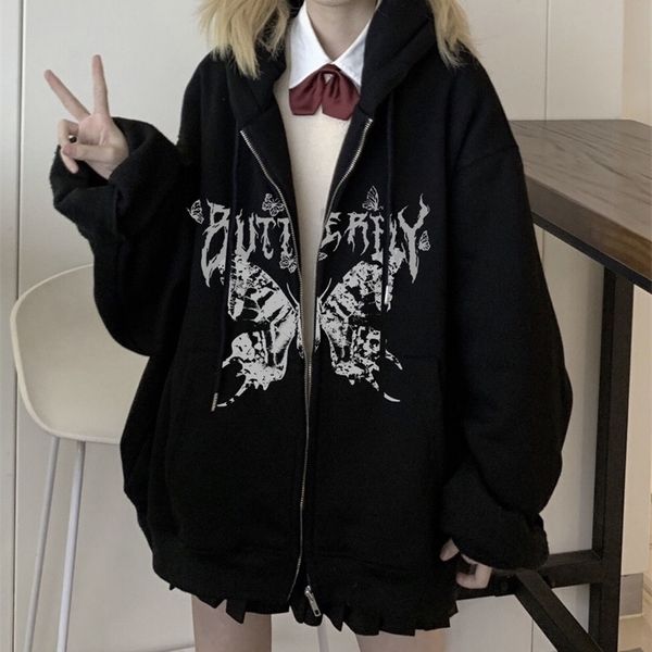 

womens hoodies sweatshirts y2k retro dark gray sweatshirt 90s harajuku punk gothic zip up hoodie longsleeved loose jacket 220901, Black
