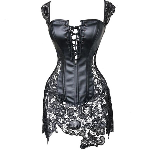 

faux leather lace embellished steampunk corset with skirt plus size, Black;white