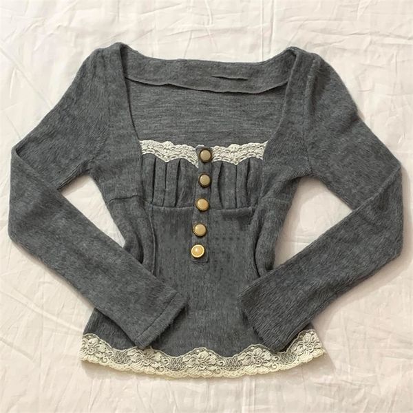 

women s t shirt preppy vintage button long sleeve t shirt aesthetic retro kawaii lace trim crop y2k fairy grunge milkmaid tees streetwear 22, White