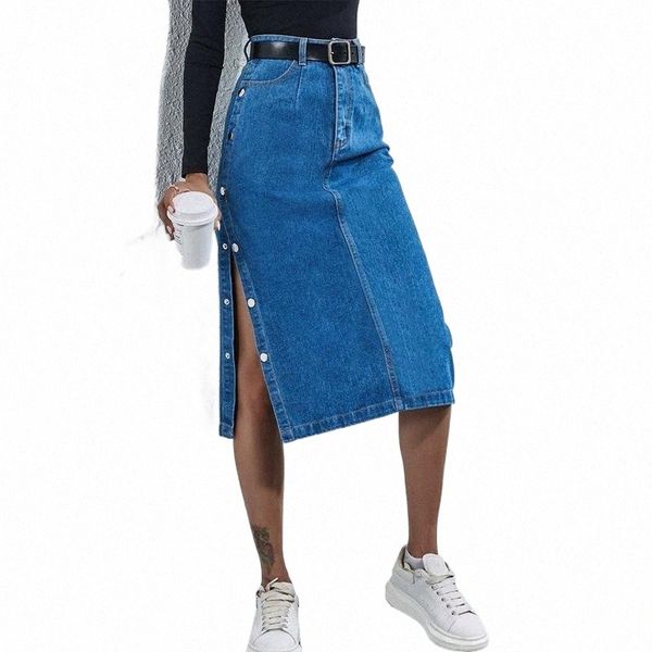 

skirts high waist side button down long denim jeans skirts womens pencil jean skirt ladies blue casual split midi 2022 spring y2uo#, Black