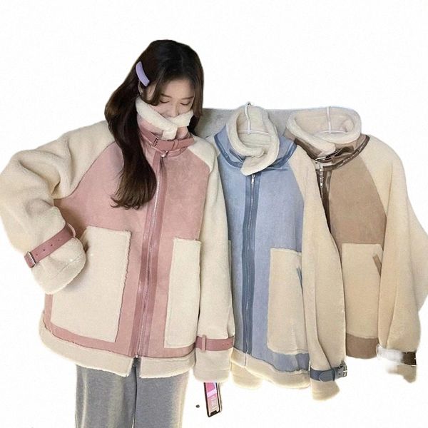 

women's leather & faux leather women's leather & faux korean fashion hit the color jacket pocket winter sheepskin coat lamb motorc, Black