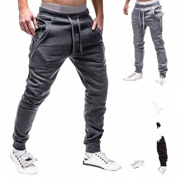 

men's pants men's pants men fashion zipper pockets drawstring sportswear joggers sweatpants casual male loose fitness long trouser, Black