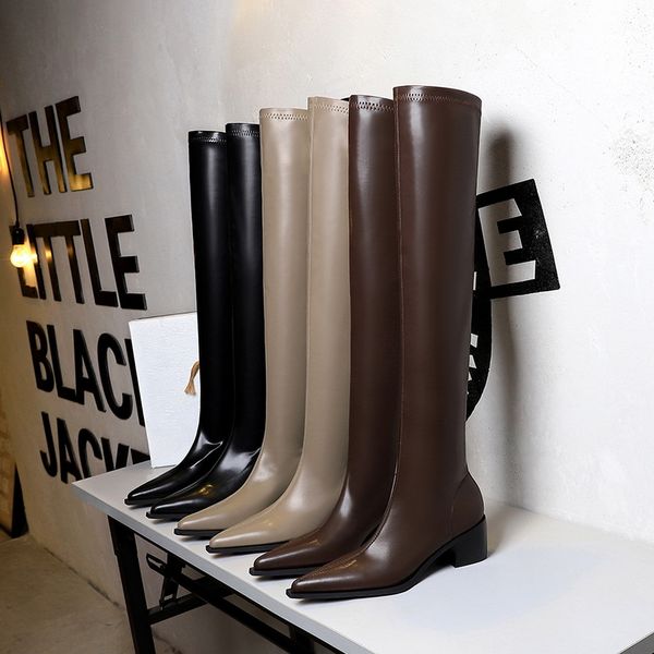 

designer boots women shoes leather high boot fashion thick-heel pointed toe stovepipe lady over the knee booties, Black