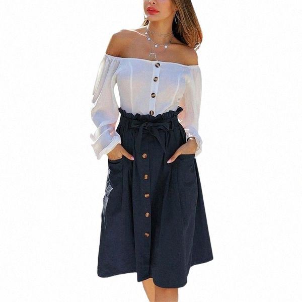 

skirts women skirt elegant fashion a-line solid color high waist knee-length sashes big pockets button decorated multicolor clothes skirts 7, Black