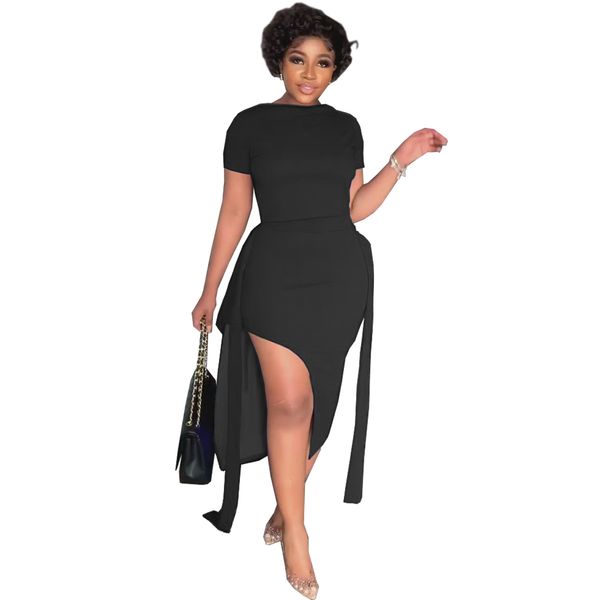 

two piece dress short sleeved shirt with split mid-skirt irregularity, White