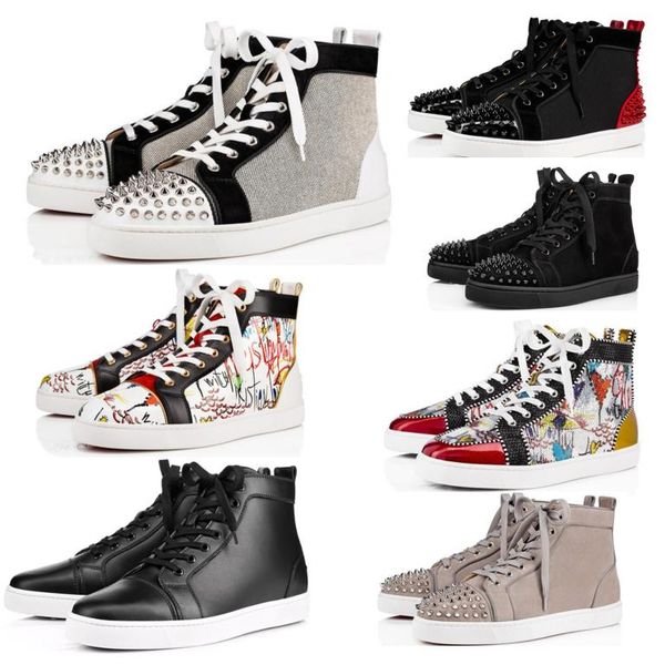 

2022 designer christians boot red bottomed designer shoes men women couple rivet studs flat shoe casual stylist sneakers brand suede patent, Black