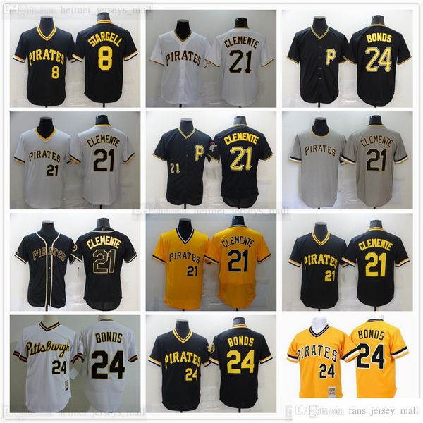 

2021 stitched baseball jerseys 21 roberto clemente 8 willie stargell jersey retro black white yellow 24 barry bonds blank no number name for