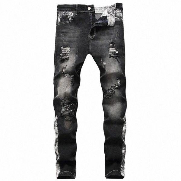 

men's jeans ripped jeans for men slim fit stretch fashion high street style male denim pants frayed destroyed vintage mens punk men&#03, Blue