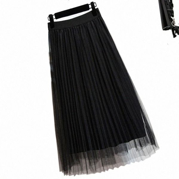 

skirts women's tulle plain pleated fashion black beige white pink grey mesh midi skirt high waist woman skirts 3 layers g5he#