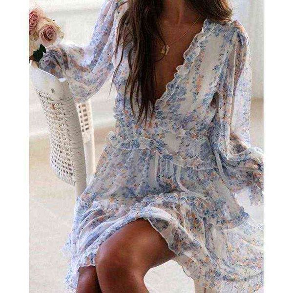 

casual dresses boho inspired flare silhouette v-neck frill party dress mini boho beach summer chiffon female 2021 ruffle t220831, Black;gray
