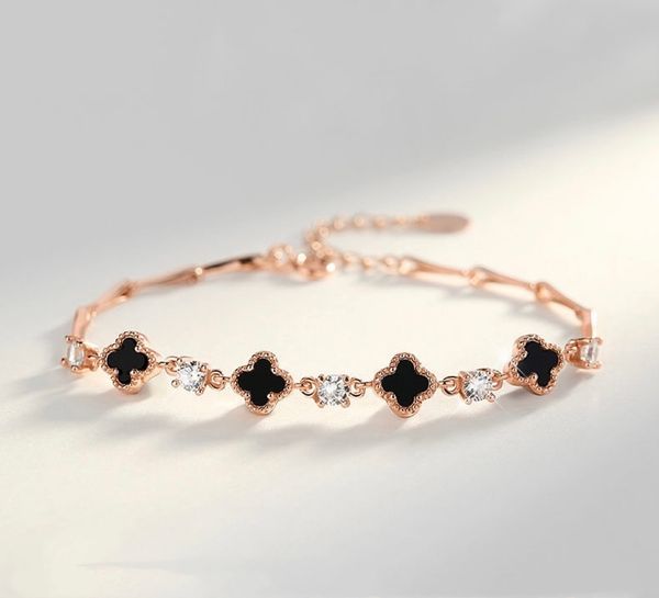 

luxury link chain bangle classic clover bracelet designer bracelets jewelry for girls women natural black agate sterling silver diamond gift