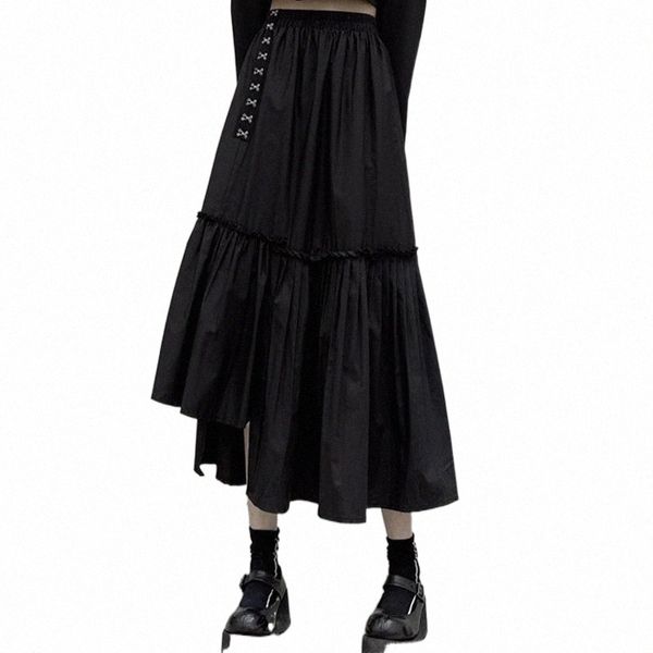 

skirts skirts qiukichonson long womens pleated skirt goth lolita summer high waisted asymmetrical black ruched ruffle rok y1qt#