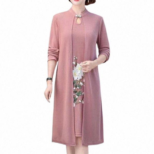 

casual dresses casual dresses women dress embroidery flower fake two pieces cheongsam straight long sleeve stand collar mother for autumn wi, Black;gray