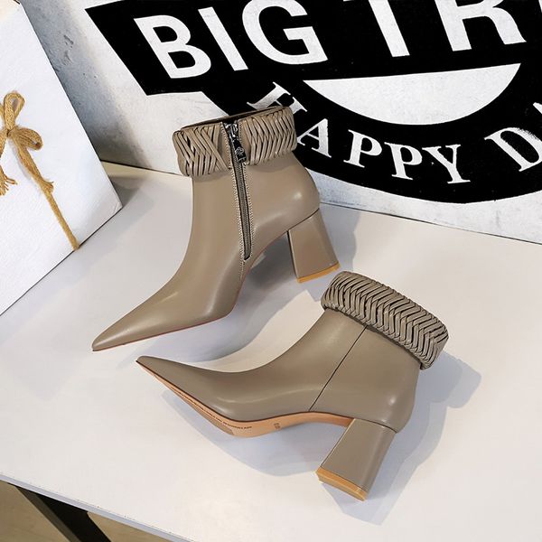 

ankle boots dress shoes for women new styles boot nightclubs chunky high heels pointed toe braided lapel side zipper, Black