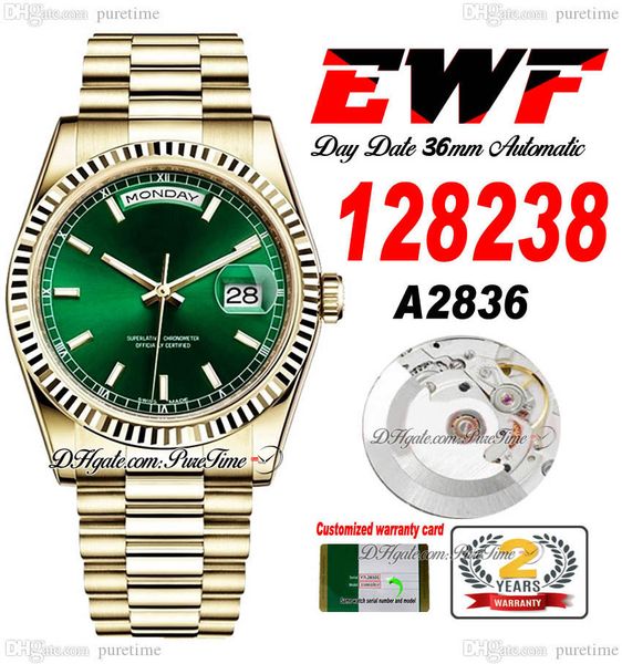 

ewf day date 118238 a2836 automatic watch mens ladies 36mm yellow gold green stick dial presidential bracelet same serial card super edition, Slivery;brown