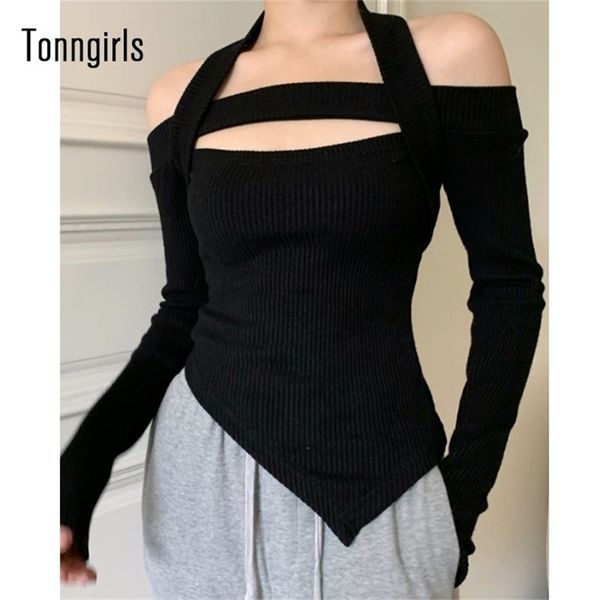 

womens t shirt tonngirls women tshirt knit long sleeve hollow halter slim irregular t shirt solid autumn winter tee streetwear 220902, White