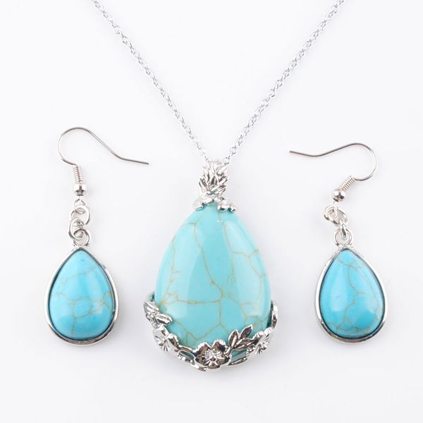 

natural stone earrings chain necklace teardrop turquoises dangle pendant jewelry set for women girl as gift q3076, Silver