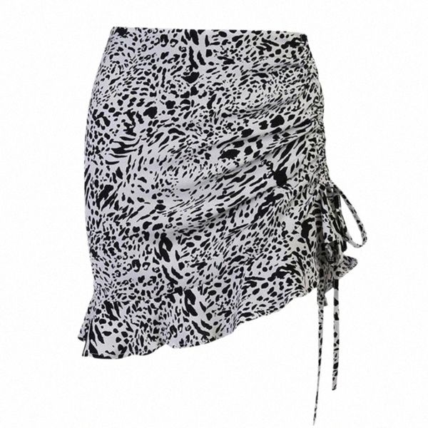 

skirts skirts fashion women summer asymmetrical ruffles high waist bodycon casual leopard drawstring mini skirt 2022 p6gp#, Black