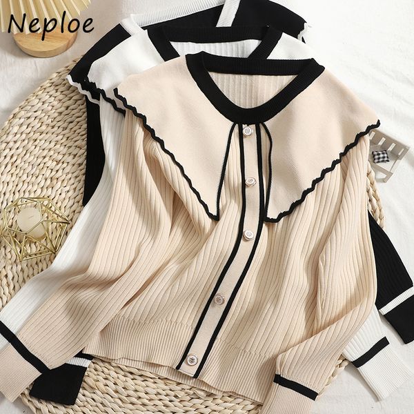 

women's knits tees neploe chic contrast color peter pan collar sweaters women slim knit pullover mujer long sleeve bottoming shirts 22, White