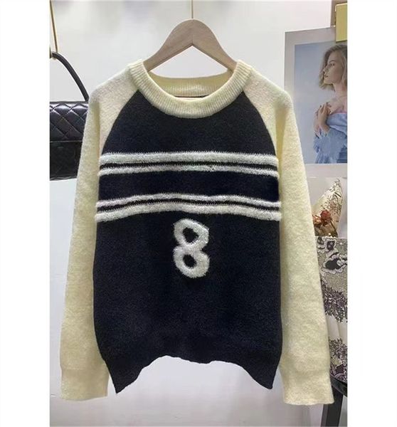 

women's sweaters new fall knitwear cashmere embroidered jacquard jumper contrast color knit round neck long sleeve thick sweater, White;black
