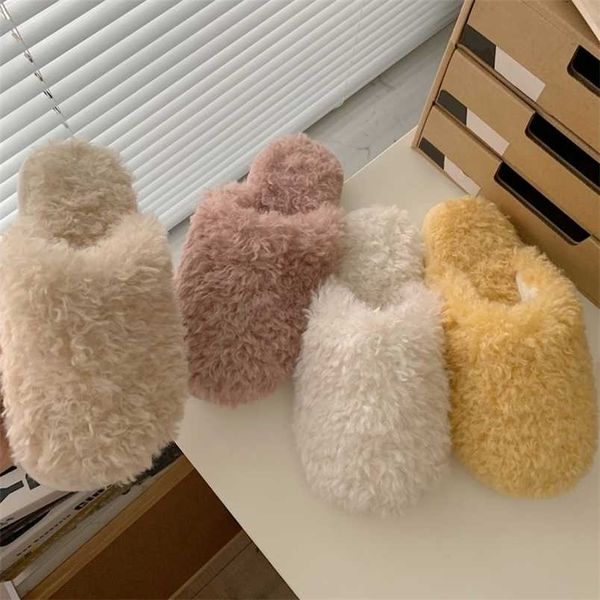 

slippers warm white house slippers winter soft fuzzy for women faux fur slides female girls slip on hairy home shoes 211124, Black