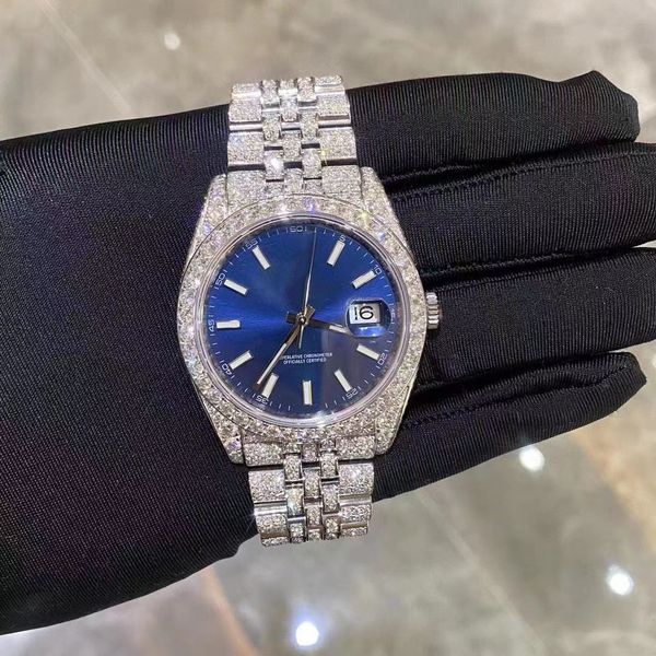 

exclusive custom new edition moissanite diamond watch pass test mechanical eta movement luxury fully frozen sapphire watch with box, Slivery;brown