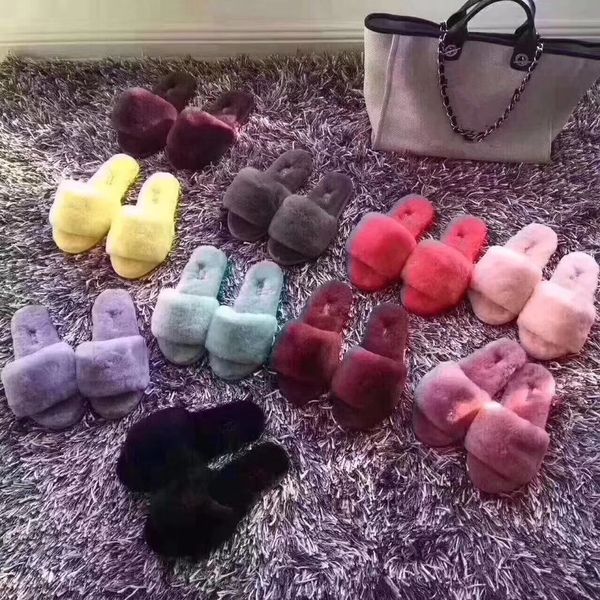 

slippers designer real wolen slipper soft winter furs slippers for women mens children kids warm slides shoes size eur25-eur44 many colors, Black