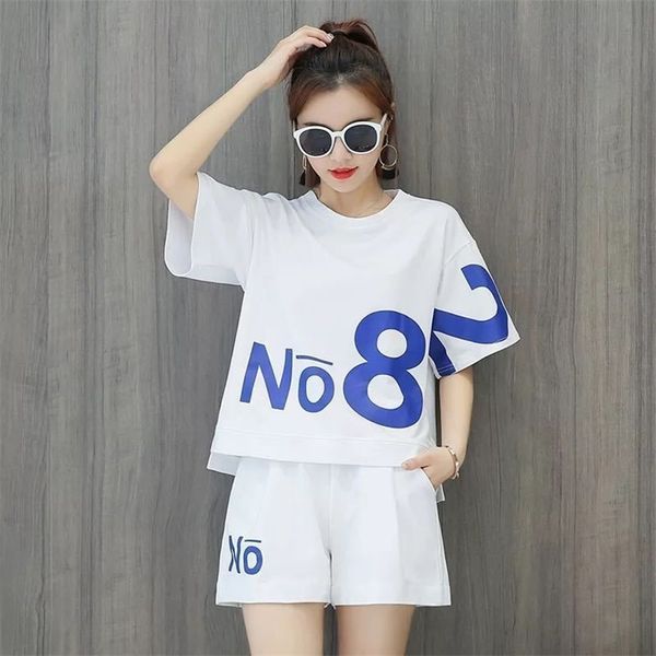 

women's two piece pants summer women's sportswear tracksuit cotton casual fashion printing korean loose short-sleeved shorts runni, White