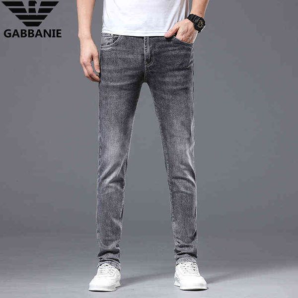 

jeans grey men's fashion brand slim fit small feet elastic middle waist youth long pants menzpic, Blue