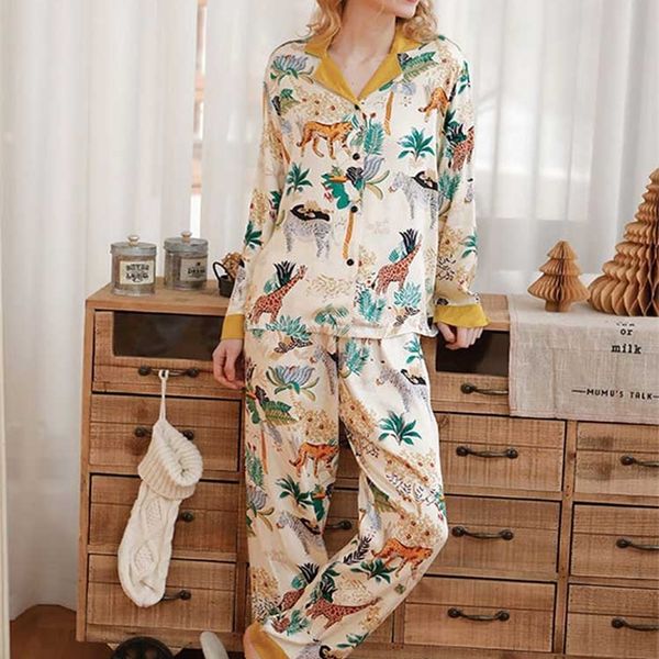 

womens sleepwear boho inspired animal print long sleeve pajama sets viscose soft boho pajama sets women buttons up womens sleep lounge 22090, Black;red