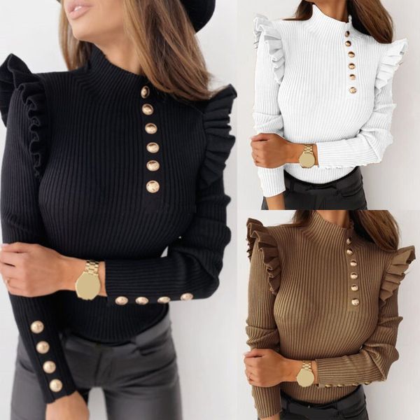 

women's jackets autumn winter women long sleeve rib blouse turtleneck buttons ruffle sweater clothing pull femme 220902, Black;brown