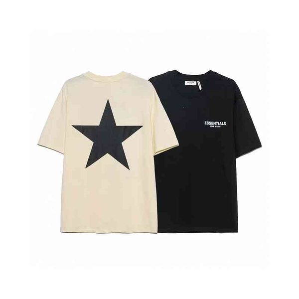 

hip hop essentials designer t shirts double feel line five pointed star print loose high street men's women's short sleeve t-shirt, White;black
