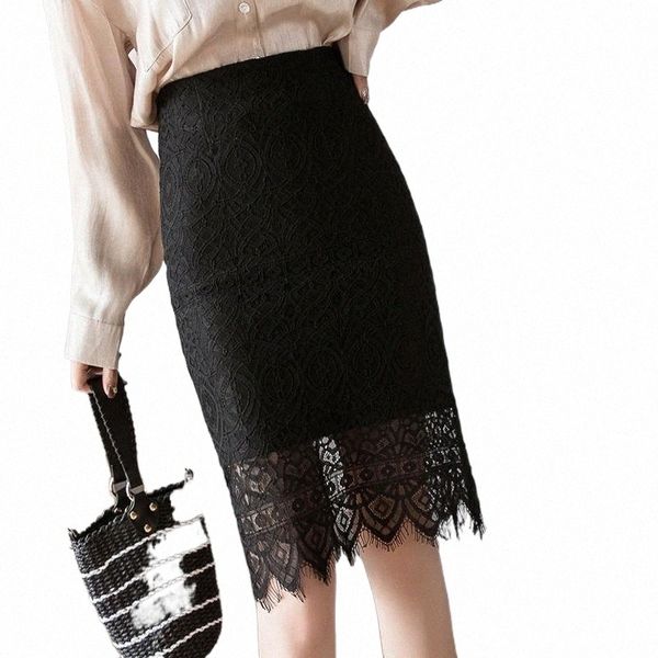 

skirts spring summer skirts womens korean office lady back slit slim bodycon pencil skirt high waist elegant lace midi women 2022 i4lp#, Black