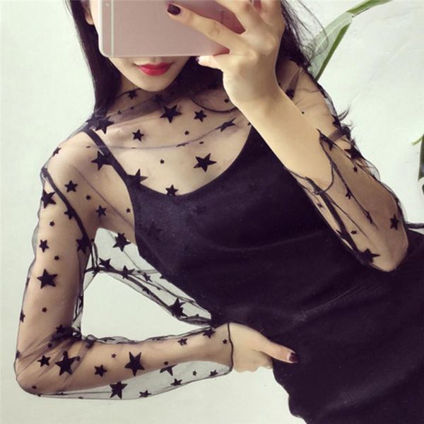 

fashion black t shirts women long sleeve see through mesh sheer party, White