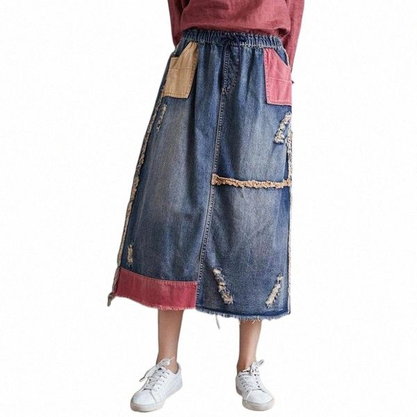 

skirts skirts korean vintage patchwork pockets washed denim skirt 2022 spring loose comfortable fashion ripped bleached falda x2qd#, Black