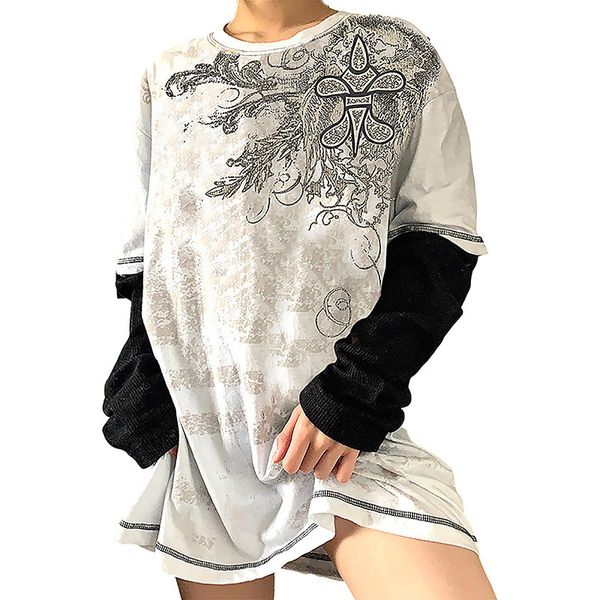

women's t-shirt xingqing vintage floral print t shirt women autumn round neck long sleeve shirts femme casual streetwear y2k clothing, White