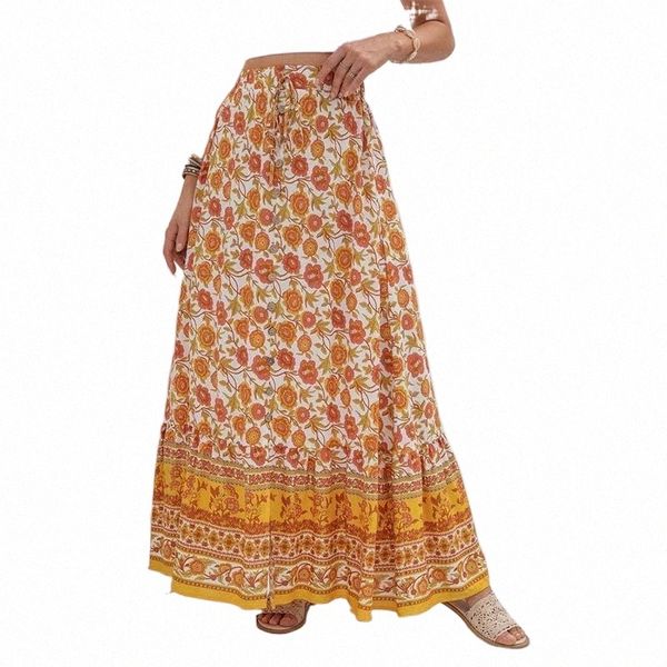 

skirts skirts 2022 bohemian printed skirt for women summer high waist button bandage split female vintage casual holiday maxi m3sd#, Black