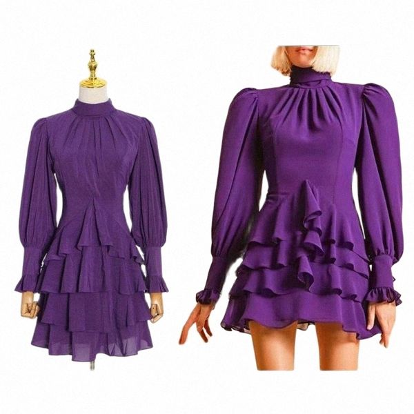 

casual dresses casual dresses 2021 autumn est half high collar for women fashion puff sleeve cascading ruffles dress purple color c2yz#, Black;gray