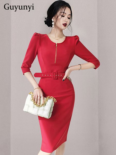 

work dresses profession office lady summer blue red oneck 34 sleeves high waist with belt tight temperament ol women 220902, White;black