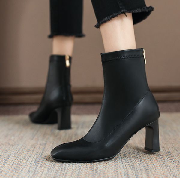 

autumn winter new fashion elastic boots thick heel square back zipper ankle boots british short leg women, Black