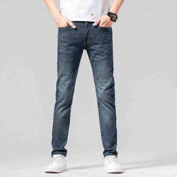 

thin summer men's jeans korean slim fit feet elastic high-end brand pants, Blue