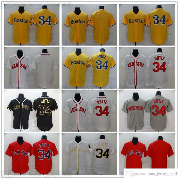 

2022 yellow stitched baseball 34 david ortiz jerseys 2021 red grey gray black white gold jersey blank no name number